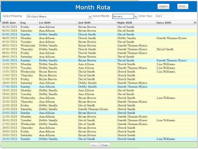 Staff Rota page